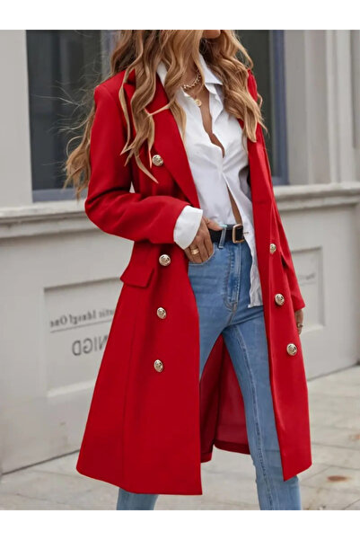 babatr.com Women's Long Sleeve Lapel Front Button Midi Stamp Coat