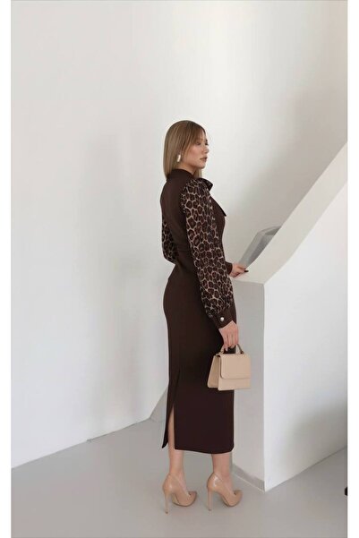 Siseniorita Women's Elegant Midi Dress with Jacket Top and Leopard Printed Sleeves, High Collar with Bow