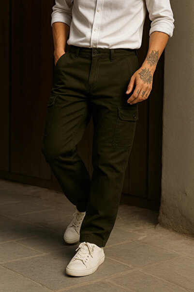 DAMGA JEANS Men's Trendy Loose Fit High Waist Khaki Cargo Pants