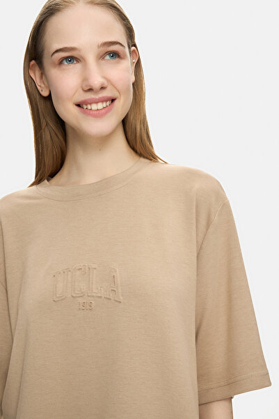 UCLA Jayla Dark Beige Crew Neck Seersucker Print Loose Fit Women's T-Shirt