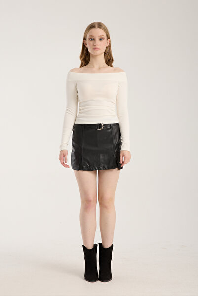 Kallisto Ecru Boat Neck Bell Draped Long Sleeve Modal Blouse