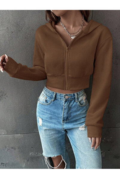 MOONBULL Women's Angel Stone Back Printed Hooded Zippered Crop Sweatshirt