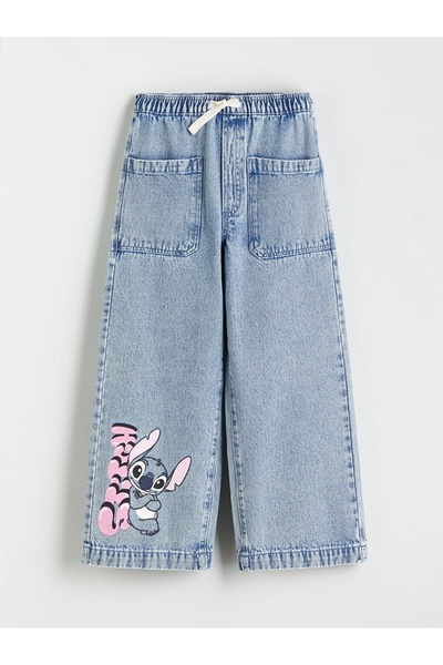 LC Waikiki LCW Kids YENİ SEZON Wideleg Stitch Baskılı Kız Çocuk Jean Pantolon