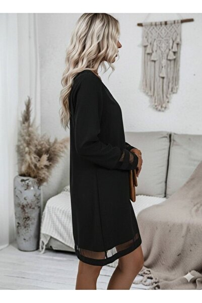 JANES Women's Long Sleeve V-Neck Tulle Striped Detail Mini Crepe Dress