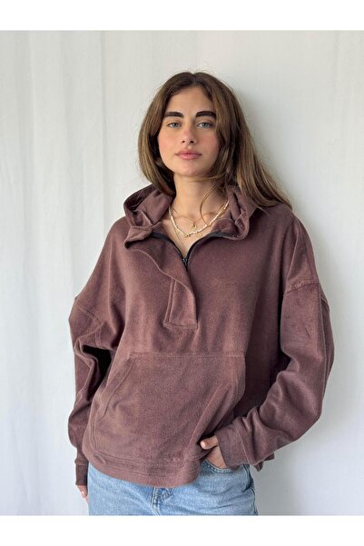 Retrobird Towel Fabric Oversized Hooded Sweatshirt Women's Plum