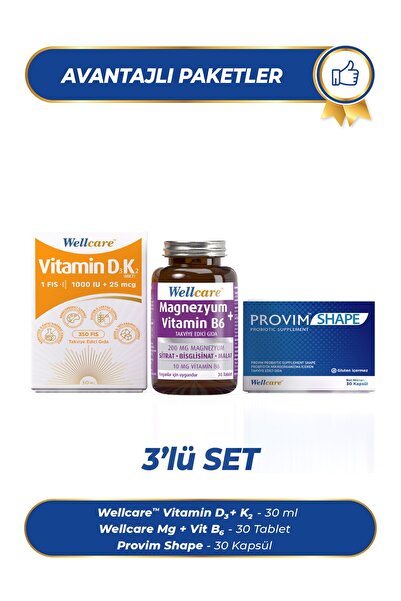 Wellcare Magnezyum + Vitamin B6 30 Tablet +Wellcare Provim Shape 30 Kapsül +Wellcare Vitamin D3 + K2