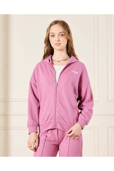 REDTAG طقم ملابس رياضية وردية بغطاء رأس رأس وسحاب للفتيات الكبيرات (قطعتان)