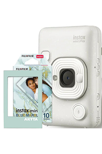 Fujifilm Instax mini LiPlay Misty White hybrid instant camera with 1x10 film and Akyta magnetic fram