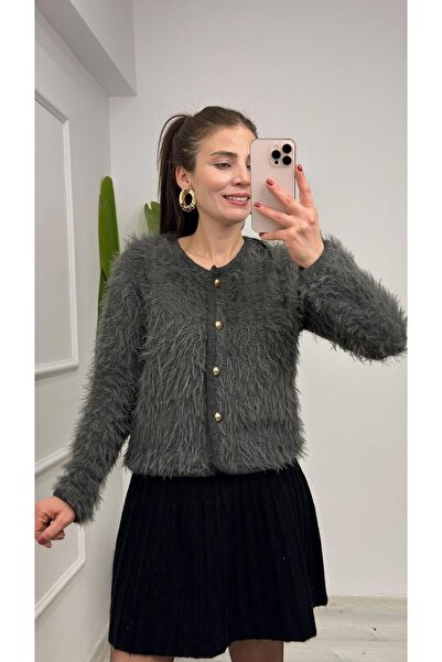 TUNAM BUTİK 4938 Gold Button Detailed Soft Cardigan Anthracite