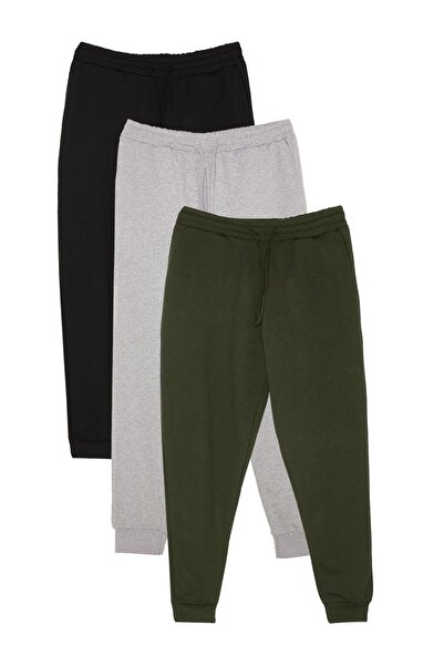 Tudors Erkek 3'lü Paket Siyah-Gri-Haki Regular Fit Beli Bağcıklı Jogger Cepli Lastikli Paça Eşofman Altı
