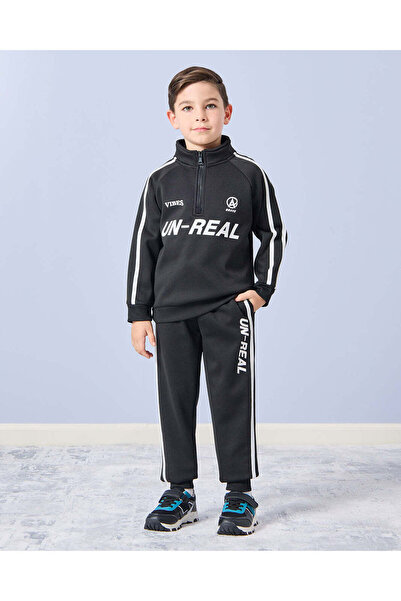 REDTAG Boys Black Collared Sweatshirt With Track Pant (2 Piece)