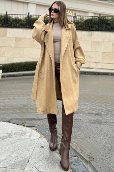 NEW LAVİVA Kadın Astarsız Ceket Yaka Kuşaklı Kruvaze Midi Boy Kaban NEW700-3311