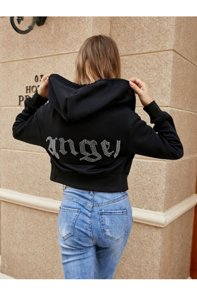 MOONBULL Women's Angel Stone Back Printed Hooded Zippered Crop Sweatshirt