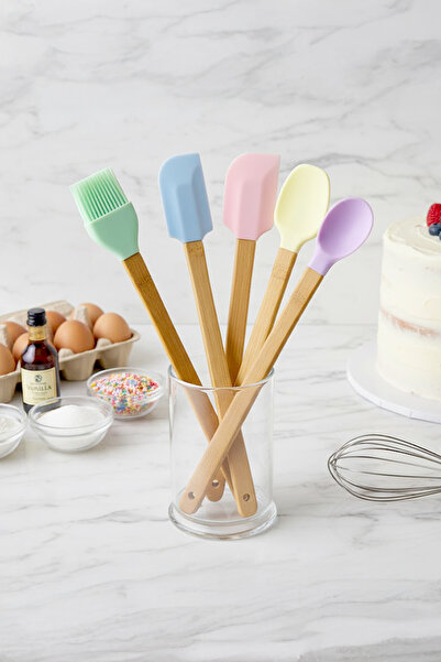 Kitchen Life 5 Pieces Bamboo Handle Silicone Spatula Set Cake, Cookie, Oil Brush and Spoon Set