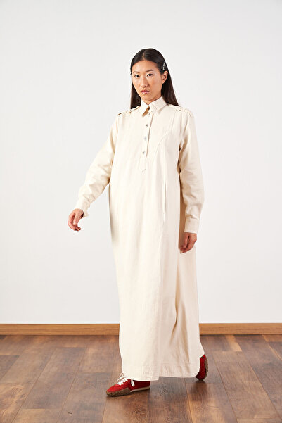 Mevra Oversized Belted Collar Buttoned Long Denim Dress Ecru