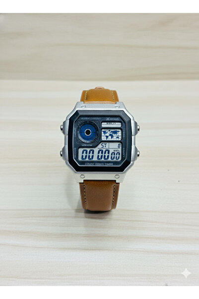 MACON Men’s Digital Sports Watch, Silver Square Black Dial, Caramel shade Leather Strap, Alarm