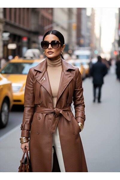 Siseniorita Elegant Women's Trench Coat Made of Eco-Leather, Croco Texture, Waist Belt