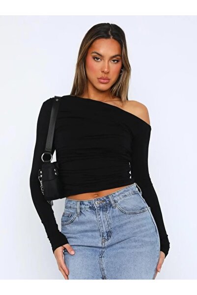 Boutiquality بلوزة ليكرا بأكمام طويلة، قماش دالجيت، بياقة غير متماثلة مفتوحة ...