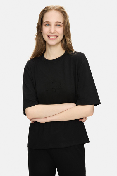 UCLA Jayla Black Crew Neck Seersucker Print Loose Fit Women's Tshirt