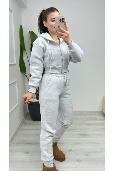 TUNAM BUTİK 1005 Three Thread Ş Fleece-Lined Jogger Melange Gray