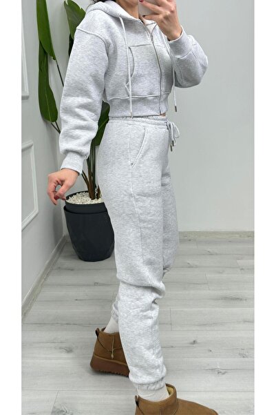 TUNAM BUTİK 1005 Three Thread Ş Fleece-Lined Jogger Melange Gray
