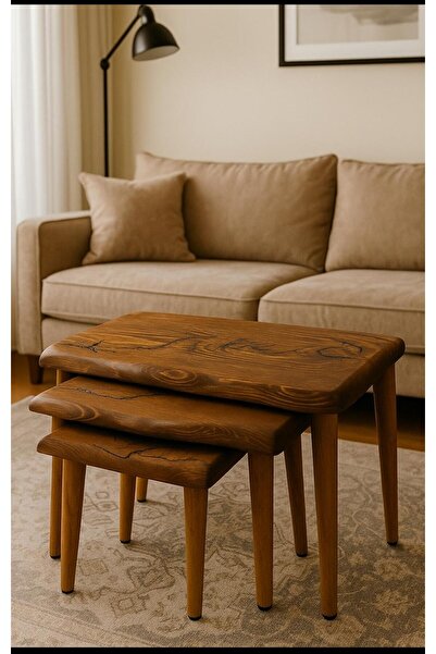 menalART Ağaç Tasarım Doğal Ağaç Ceviz Serisi Zigon Sehpa Takımı El Yapımı Ahşap Set