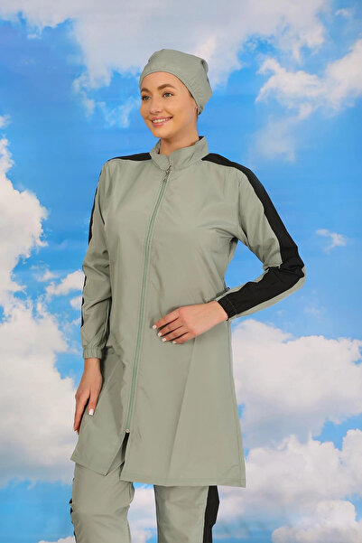 alfa expres Clothing Women's Full Hijab Swimsuit with Pants and Sleeves with Stripe Water Green