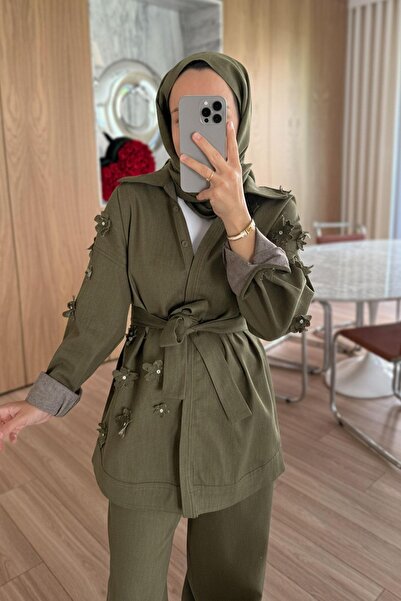 Ka Hijab 3D Floral Detail Denim Set - Khaki