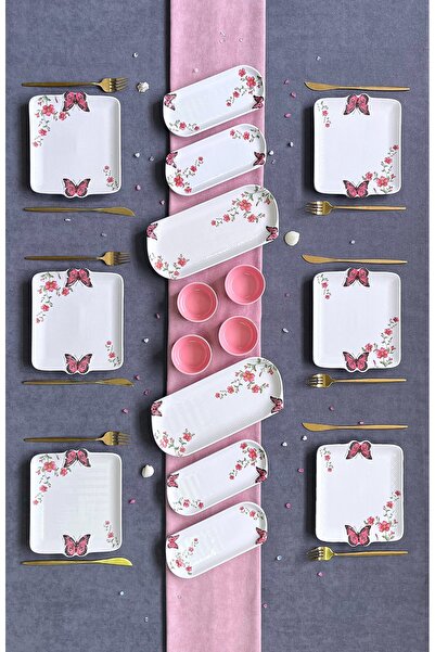 Erbaşlar Pınk Pembe Lüx Seramik 16 Parça 6 Kişilik Yuvarlak Kahvaltı Takımı Seti , KAHVALTI TAKIMI