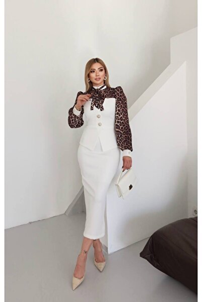 Siseniorita Women's Elegant Midi Dress with Jacket Top and Leopard Printed Sleeves, High Collar with Bow