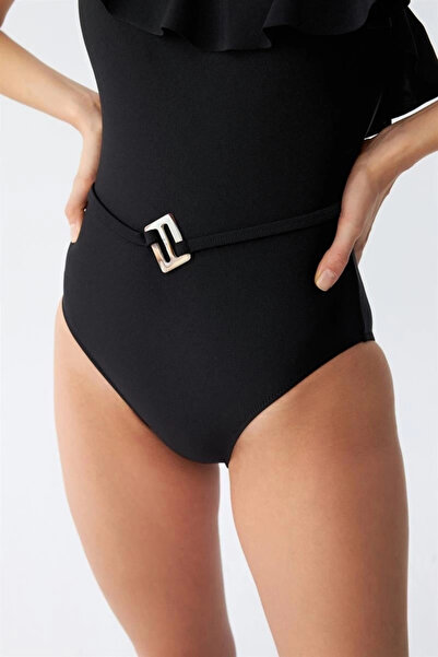 alfa expres Clothing Women's One Shoulder Ruffled Swimsuit Black