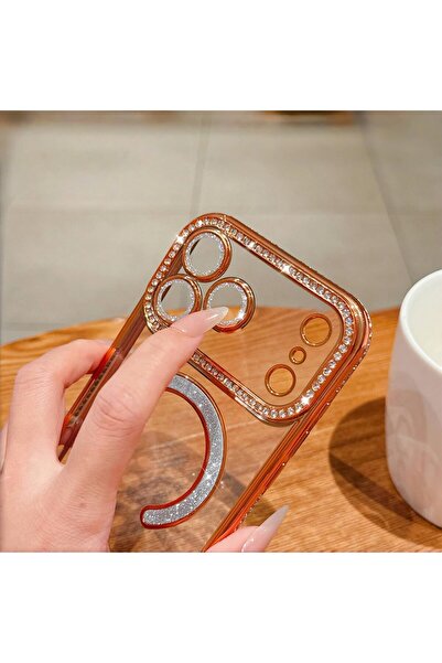m.tk moveteck iPhone 17 Pro Max Kılıf Simli Taşlı Lens Korumalı Arkası Şeffaf Kenarı Renkli Parlak Magsafe Kapak