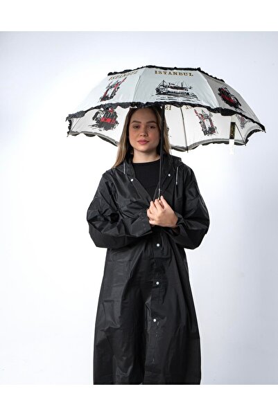 Herşey Nota İstanbul Figürlü Siyah Kadın Şemsiye | Şık, Sanatsal ve Dayanıklı...