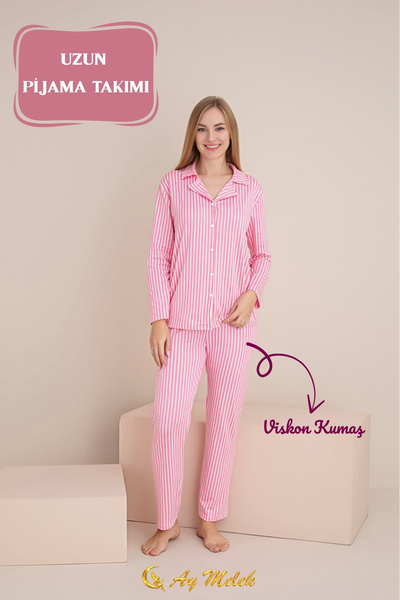 AYMELEK Women's Pajama Set Cotton Polo Neck Striped Set