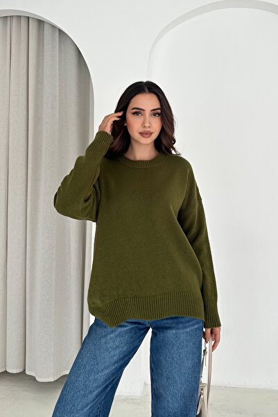 FEMELLE Women's Khaki Standard Size Oversized Basic Knitwear Sweater