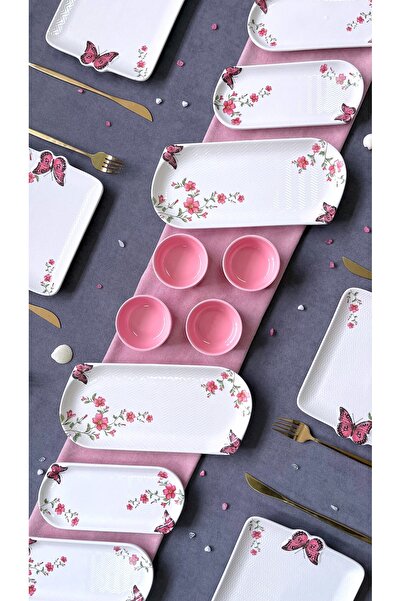 Erbaşlar Pınk Pembe Lüx Seramik 16 Parça 6 Kişilik Yuvarlak Kahvaltı Takımı Seti , KAHVALTI TAKIMI