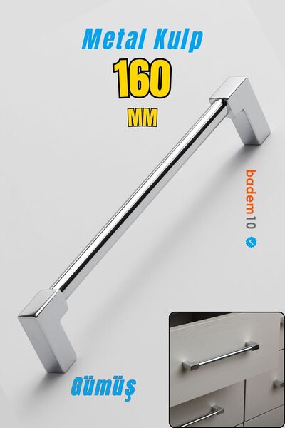 Badem10 Nova Gümüş Krom Metal 160 mm Mobilya Kulp Çekmece Dolap Kapak Kolu Ku...