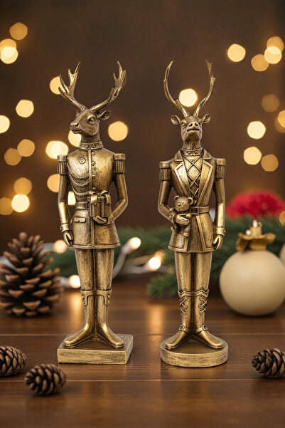 ay hediyelik Asker Geyikler Biblo Seti - Dekoratif Polyester 10x37 cm