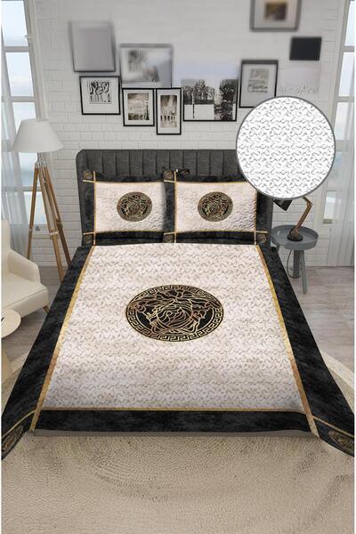 Dolce Mariee Parlak Kadife Kumaş Kapitoneli Çift Kişilik Yatak Örtüsü Seti (3 Parça) CKY0003