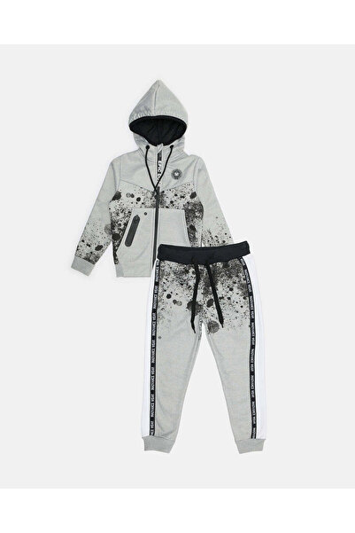 REDTAG Boys Grey Printed Hooded Jogger Set (2 Piece)