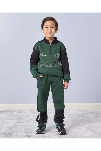 REDTAG Boys Green & Black Half Zipper Jog Set (2 Piece)