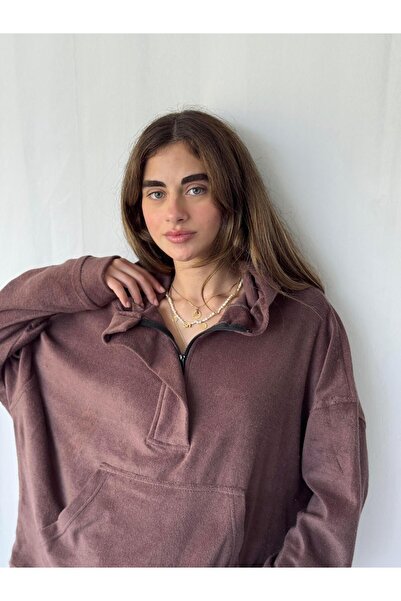 Retrobird Towel Fabric Oversized Hooded Sweatshirt Women's Plum