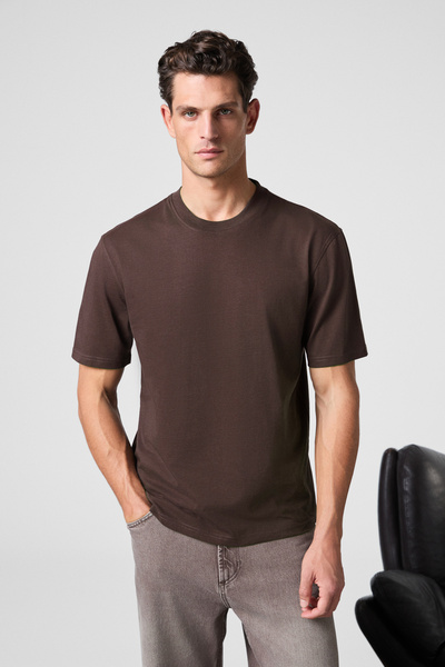 GRIMELANGE Solo Men's 100% Organic Cotton Thick Textured Comfort Fit Crew Neck Brown T-Shirt