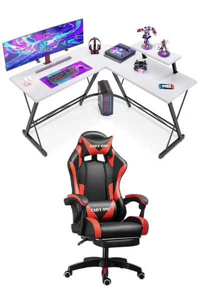Cady One 2-in-1 Adjustable Gaming Chair Set with Cushion and Headrest, and L-Shaped Computer Desk and Table