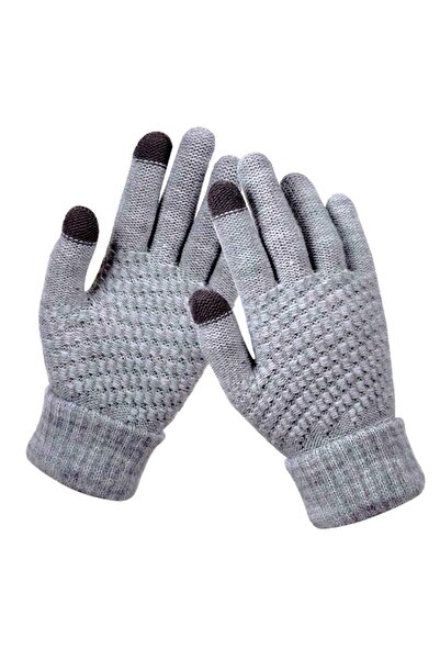 zola Warm winter gloves, knitted, unisex, gray, 2 fingers for using the phone, 20.5 cm