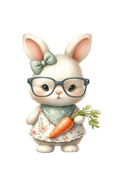 OEM Sticker with a little bunny in a white floral dress, carrot, glasses, bow, white-edged, PVC vinyl 23