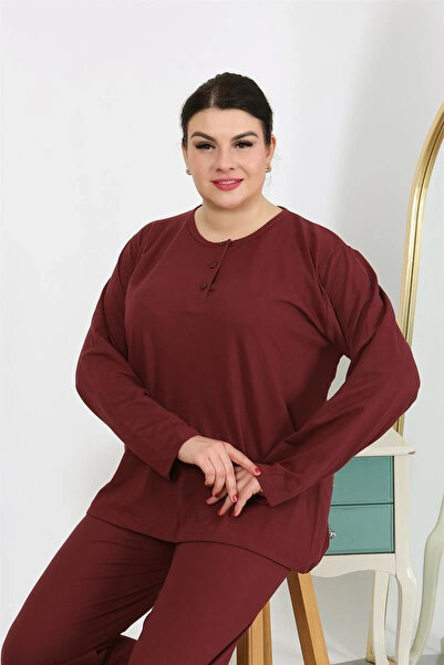 alfa expres Clothing Women's Plus Size Long Sleeve Combed Cotton Pajama Set Burgundy