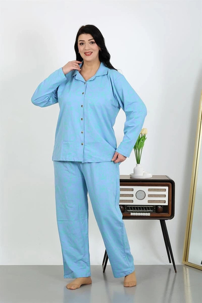 alfa expres Clothing Women's Plus Size Cotton Pocket Buttoned Blue Pajama Set