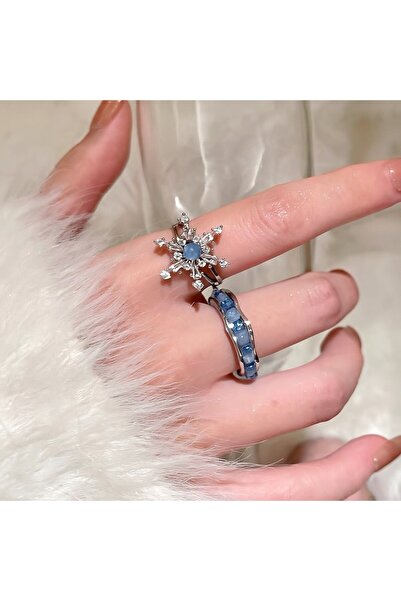 Harlofia Jewelry Blue Stone Adjustable Snowflake Ring