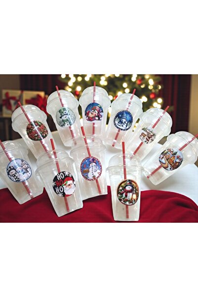 Armada مجموعة من 10 أكواب بلاستيكية للعصير والحليب المخفوق بسعة 400 سي سي مع أغطية مثقبة وقشات ورقية بتصميم السنة الجديدة